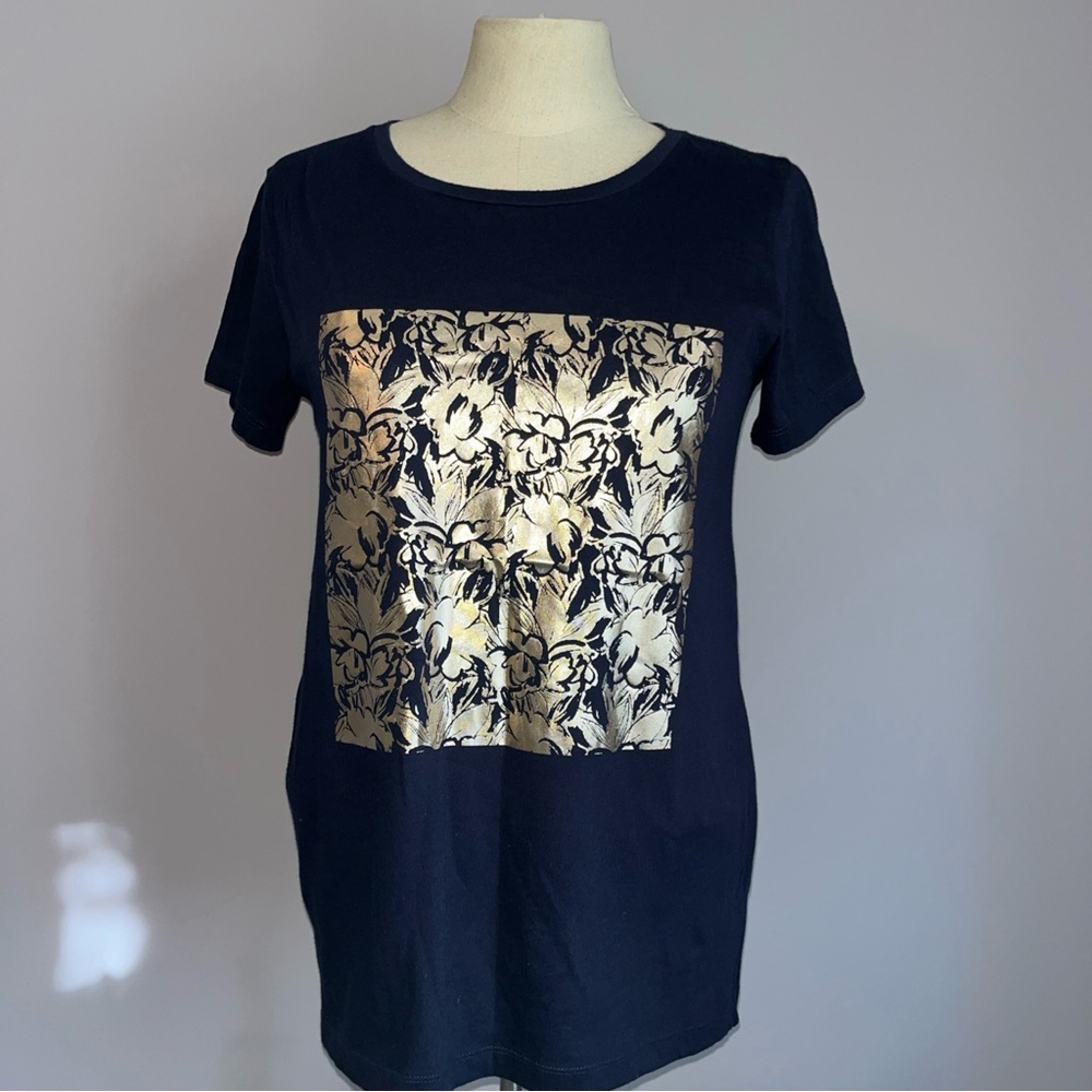 J. Crew Collector Tees Women’s T-Shirt Navy Gold Floral Appliqué Sz XS